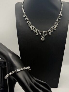 Vintage Signed WEISS Clear Rhinestone Bib Necklace & Bracelet Set Bridal